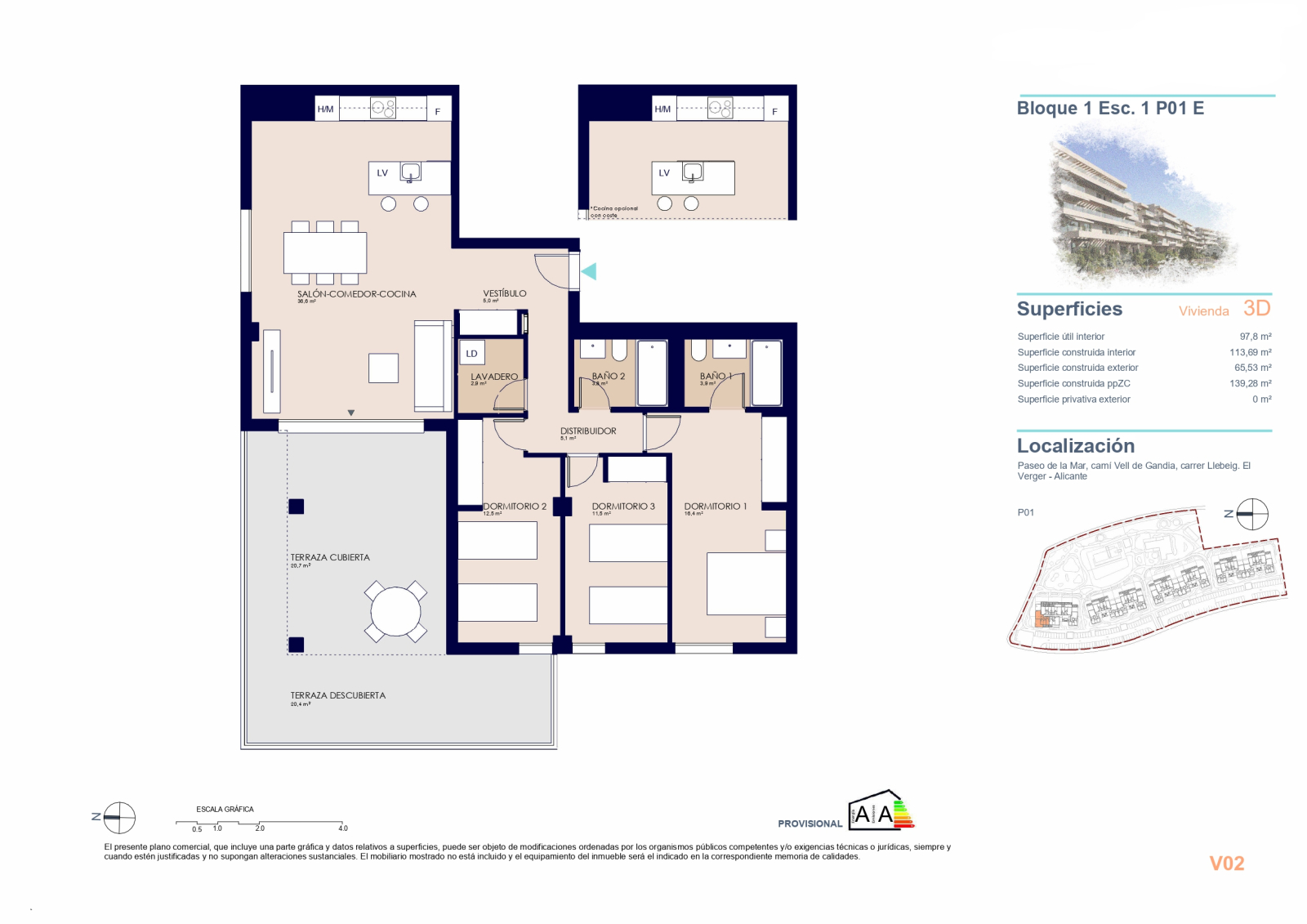 Appartement neuf avec 3 chambres à 200 m de la plage